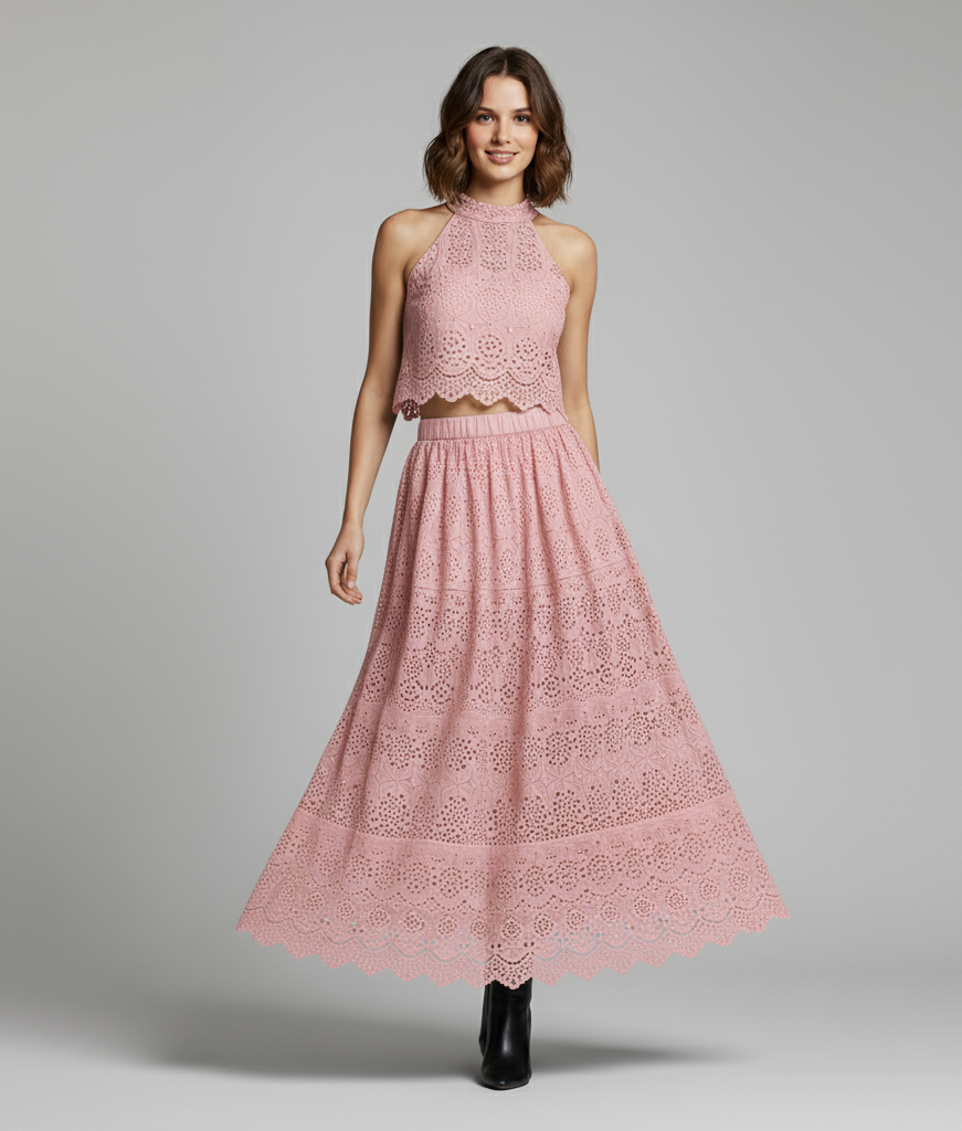 Embroidered Lace Crop Top Set