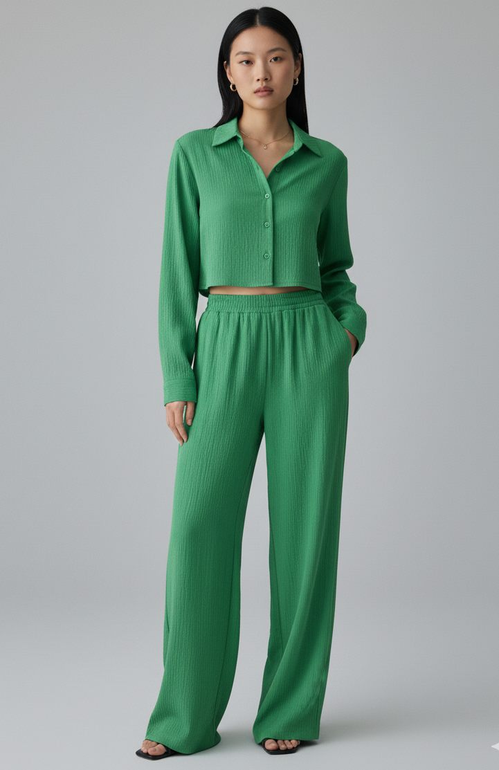 Cropped Long Sleeve Shirt and Relaxed Fit Pants Set