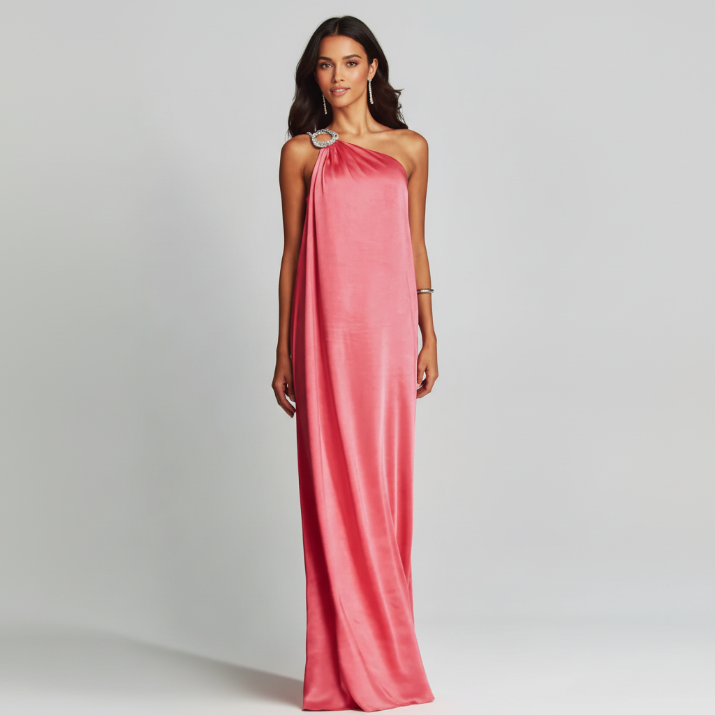 Satin One-Shoulder Metallic Maxi Dress