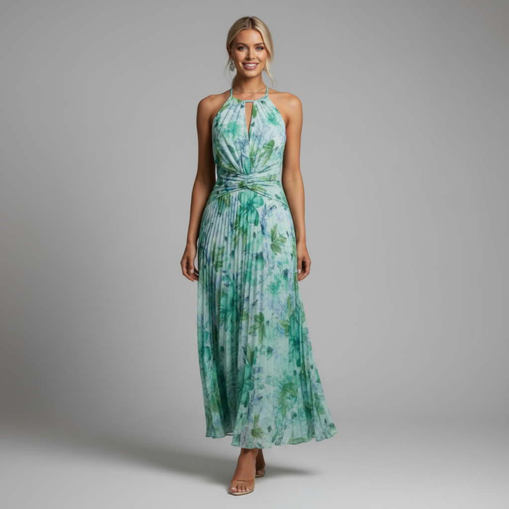 Green Floral Halter Maxi Dress