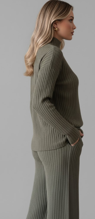 Turtleneck Knit Top and Wide Leg Pants Set