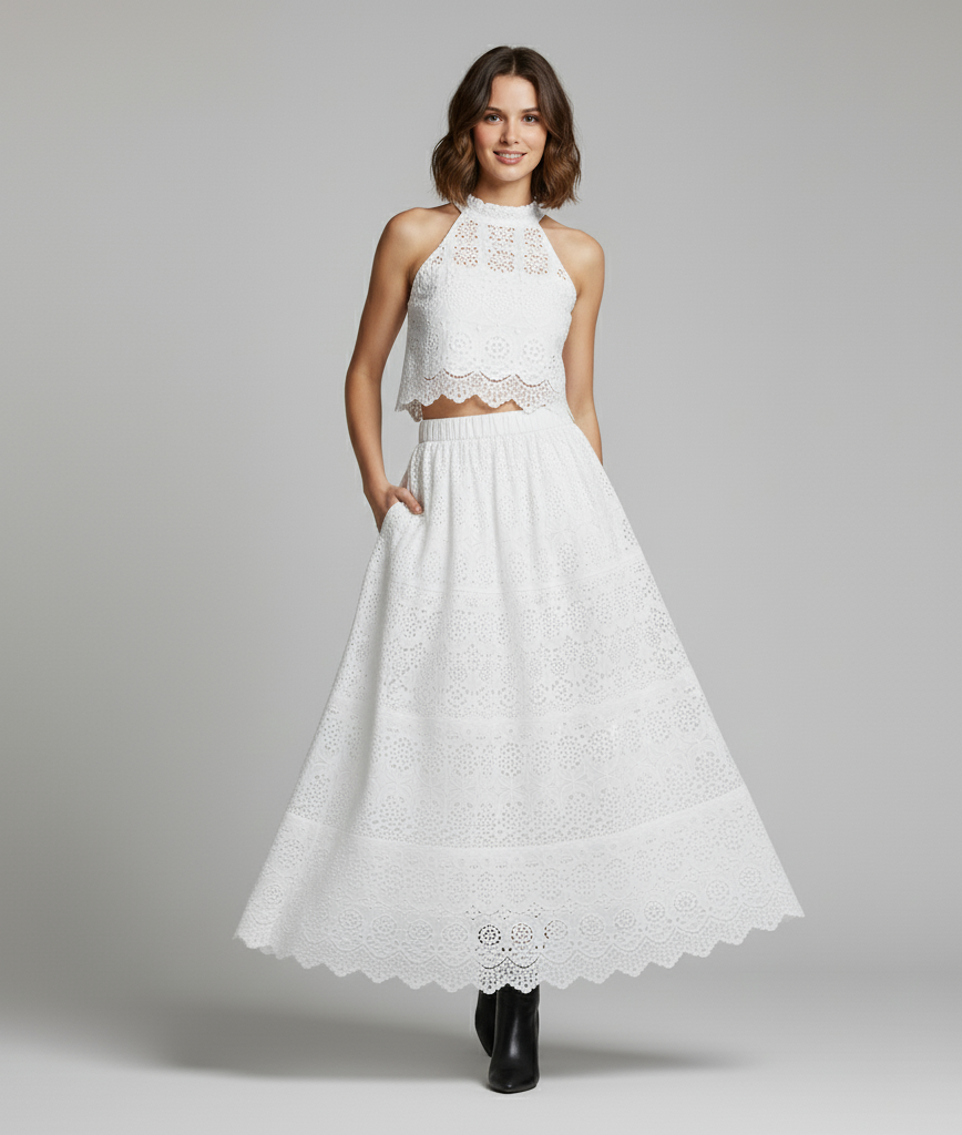 Embroidered Lace Crop Top Set