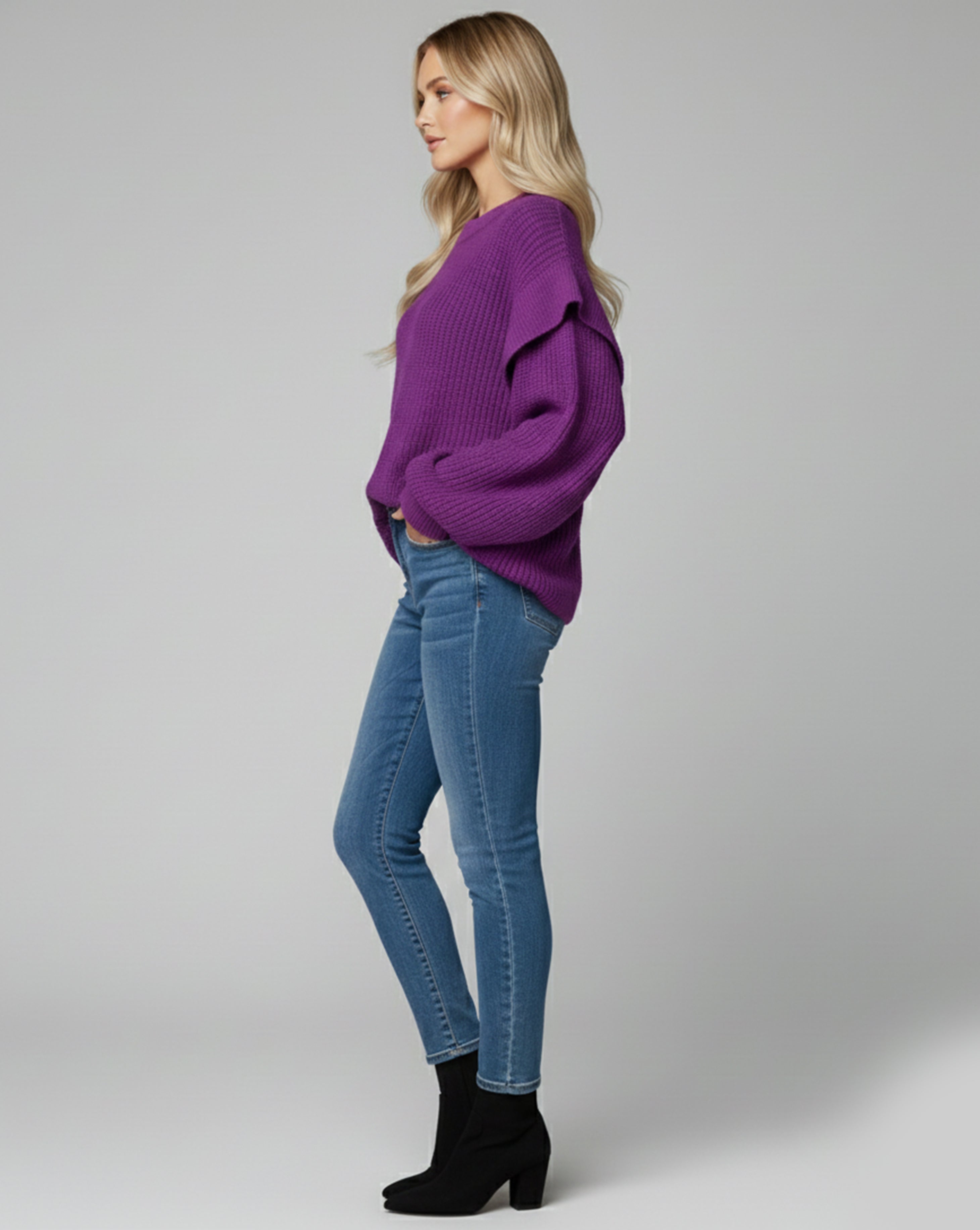Textured Sleeve Knit Crew Sweater