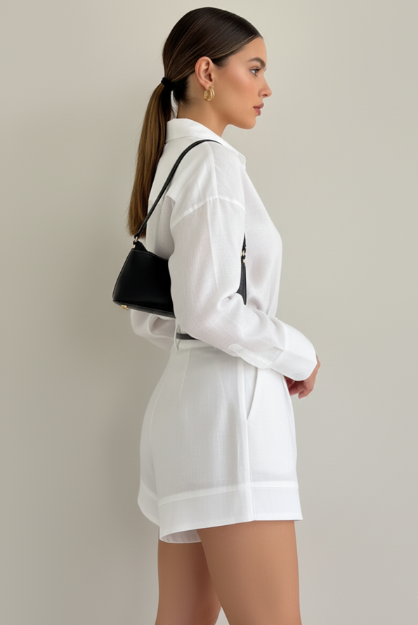 Long Sleeve Button Shirt and Tailored Shorts Set