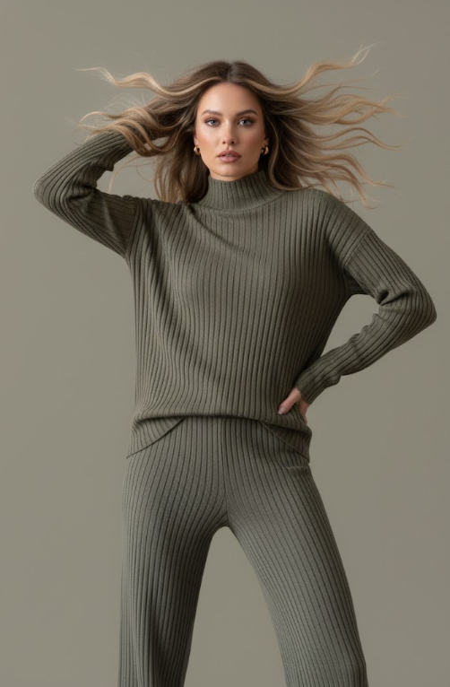 Turtleneck Knit Top and Wide Leg Pants Set