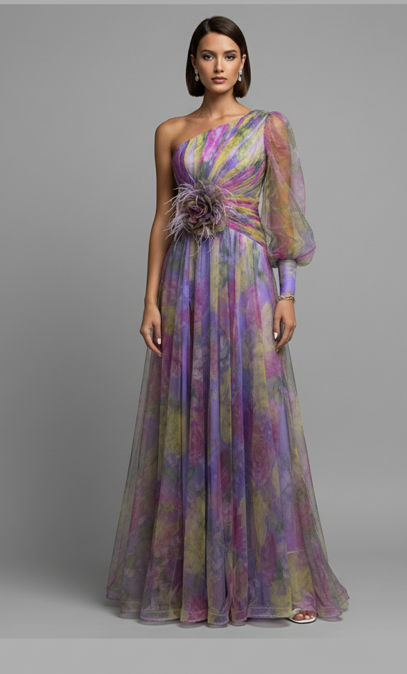 One-Shoulder Floral Tulle Gown