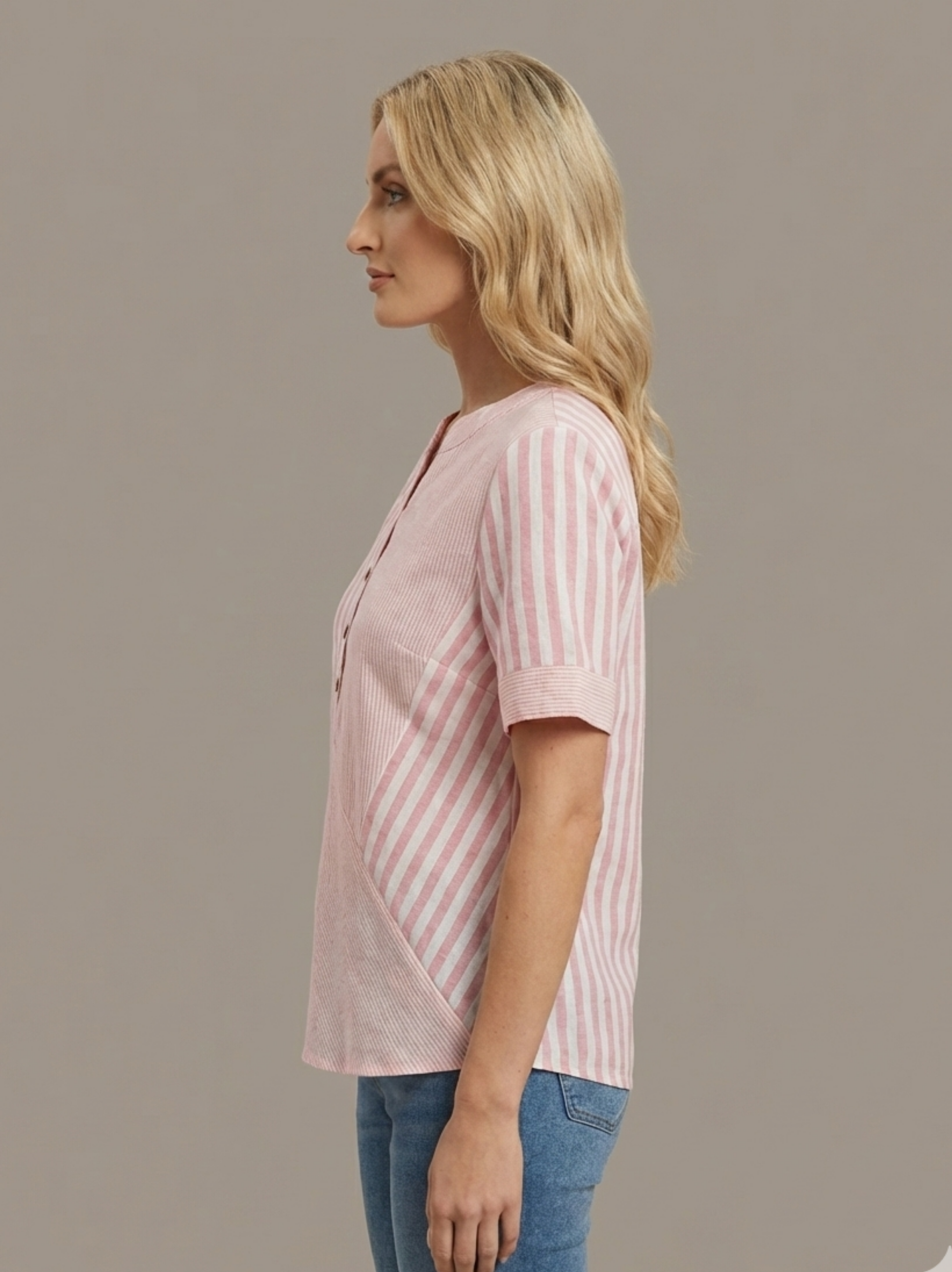 Striped Button Front Short Sleeve Blouse