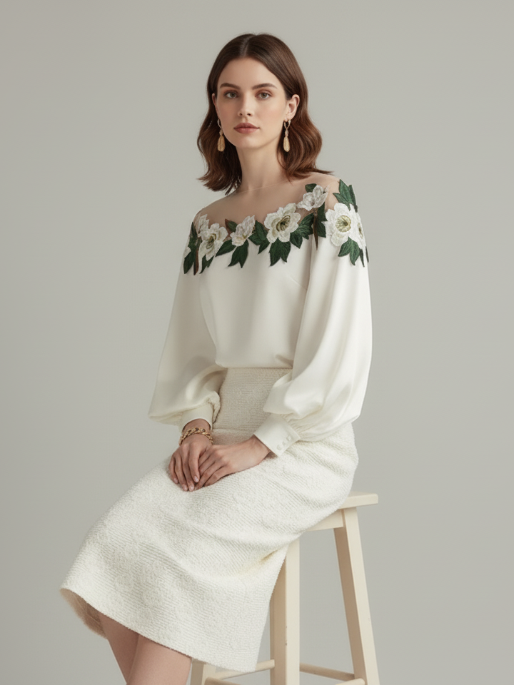 Off Shoulder Long Sleeve Pleated Blouse