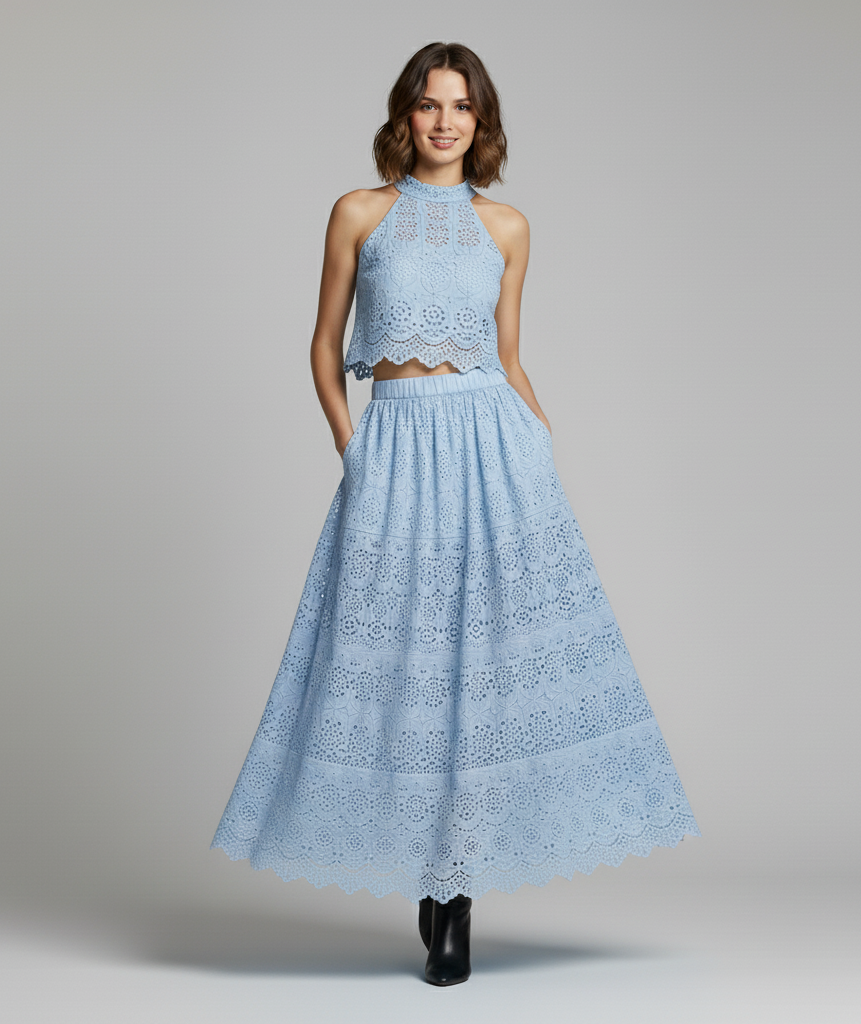 Embroidered Lace Crop Top Set